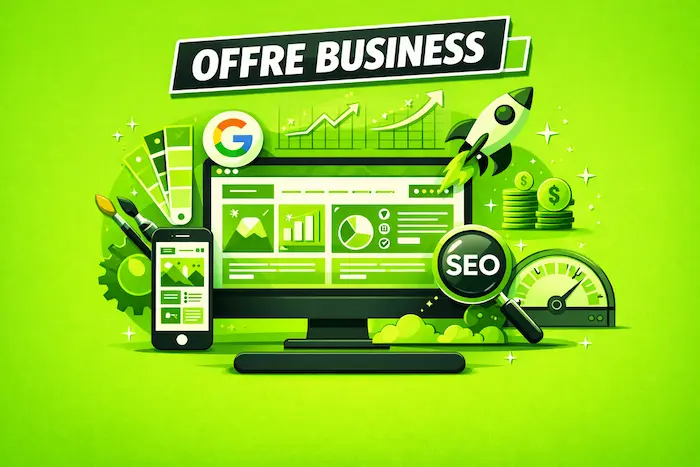 Pour entreprises site web professionnel complet performant l’Offre Business site 5 pages stratégiques design personnalisé refléter identité valoriser activité optimisé référencement (SEO) améliorer visibilité Google attirer visiteurs. optimiser performances site pour navigation rapide fluide efficace. Offre Business développer activité en ligne.